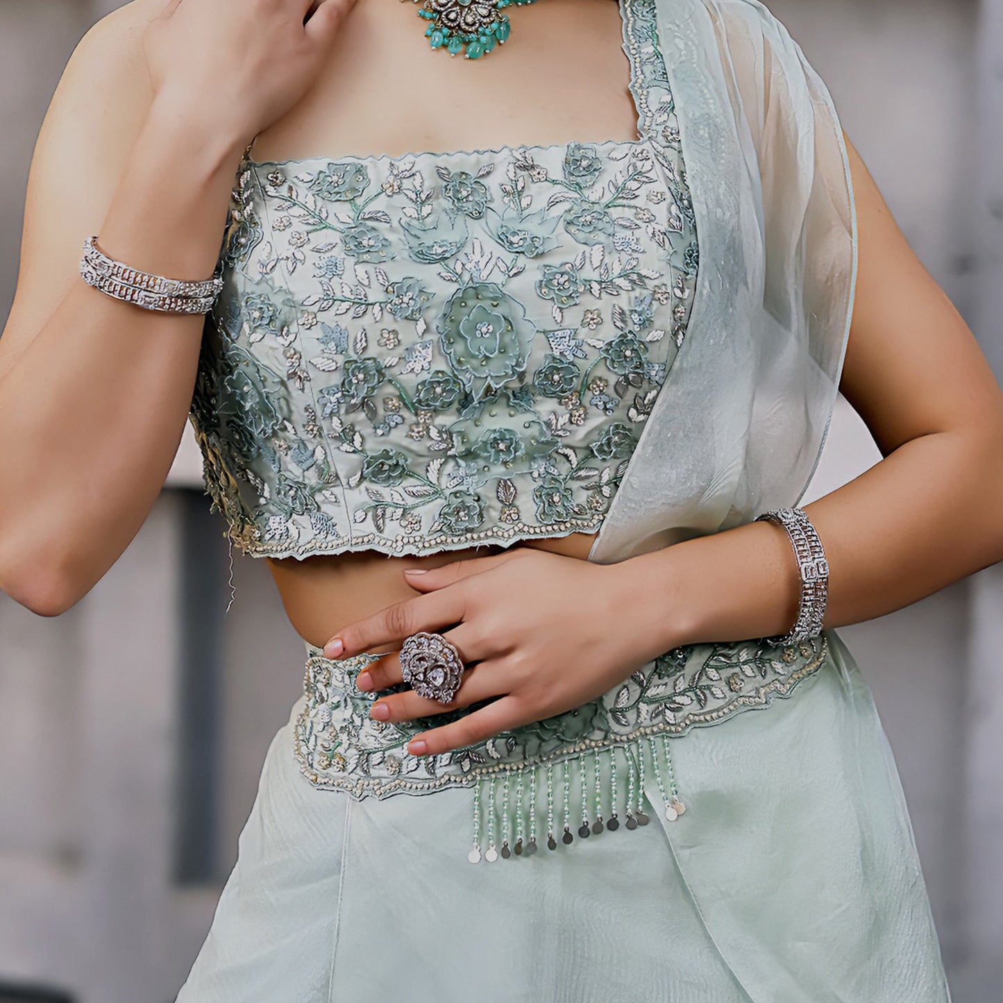 Mint Green 3D Palazzo Saree