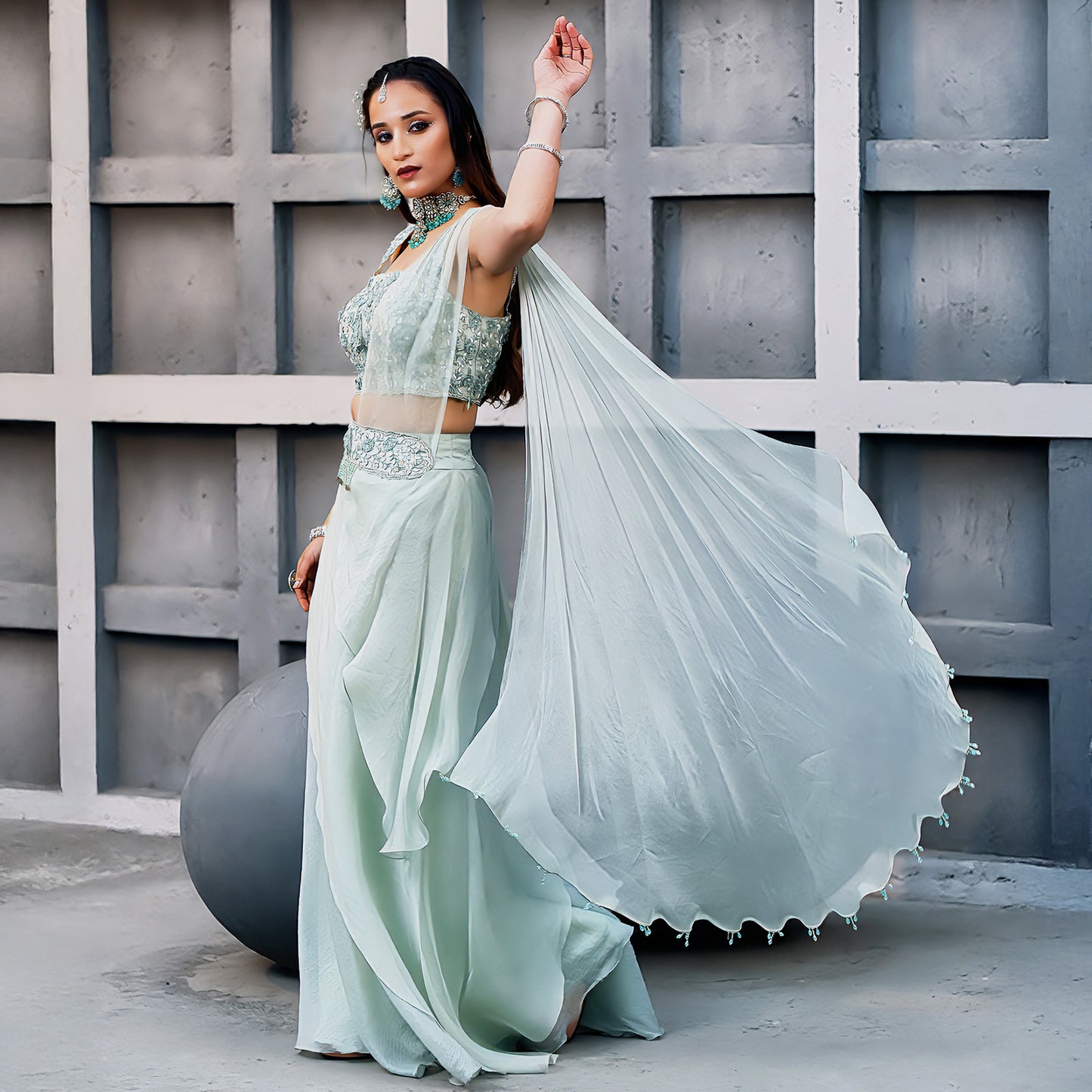 Mint Green 3D Palazzo Saree