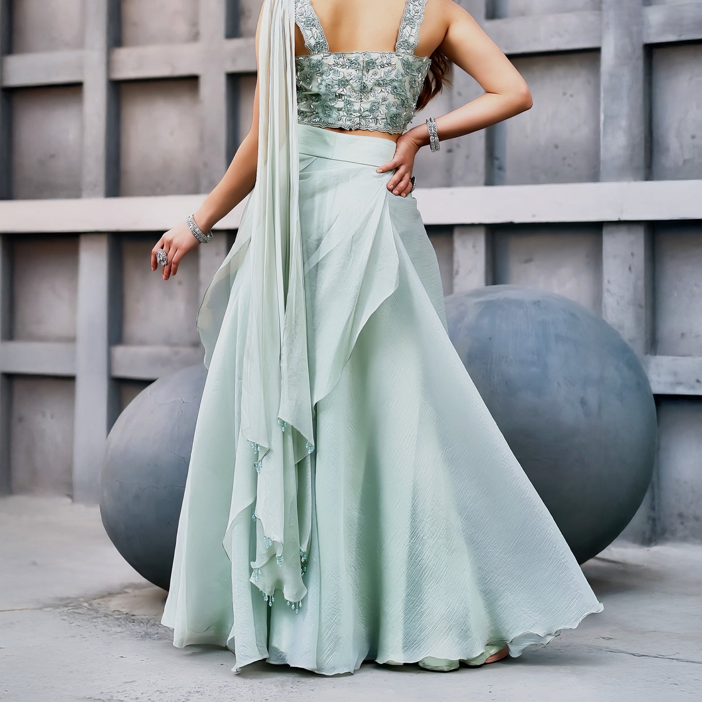 Mint Green 3D Palazzo Saree