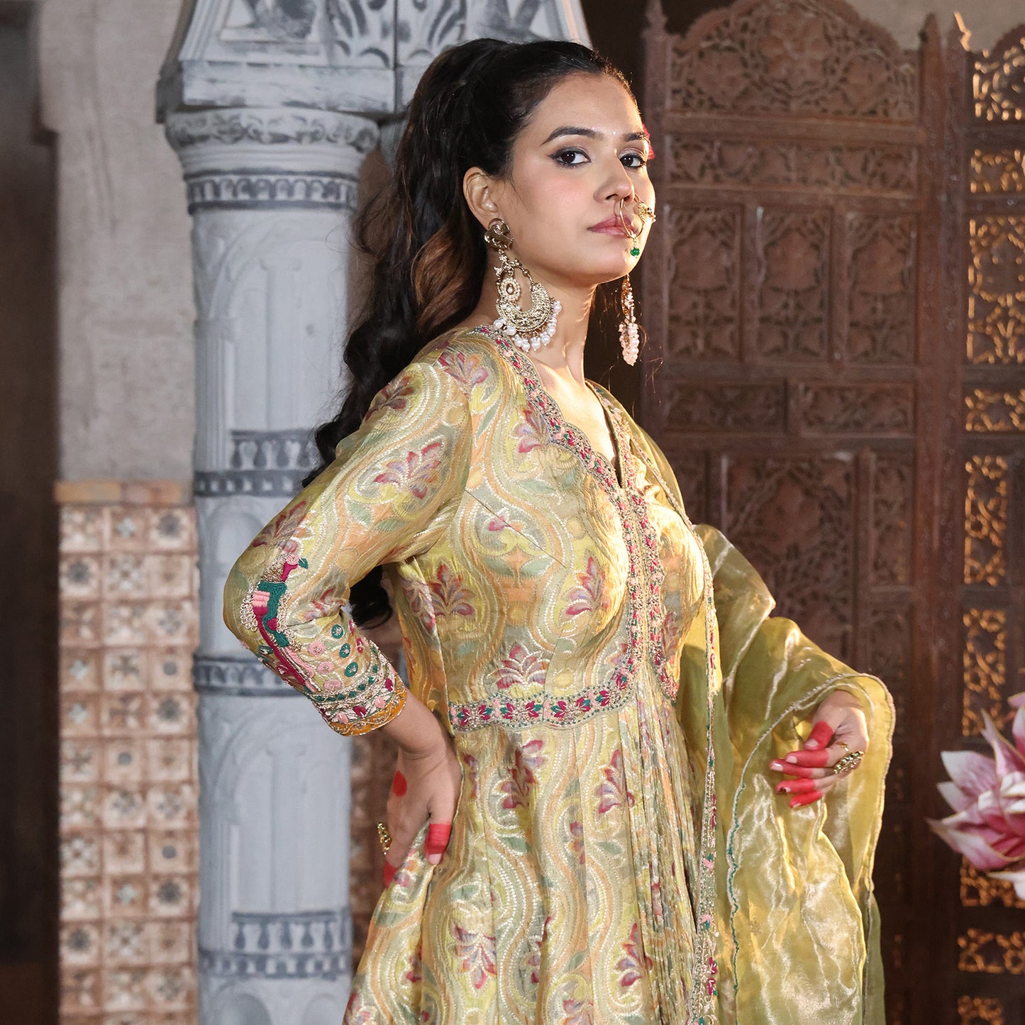 Green Banarasi Short Anarkali