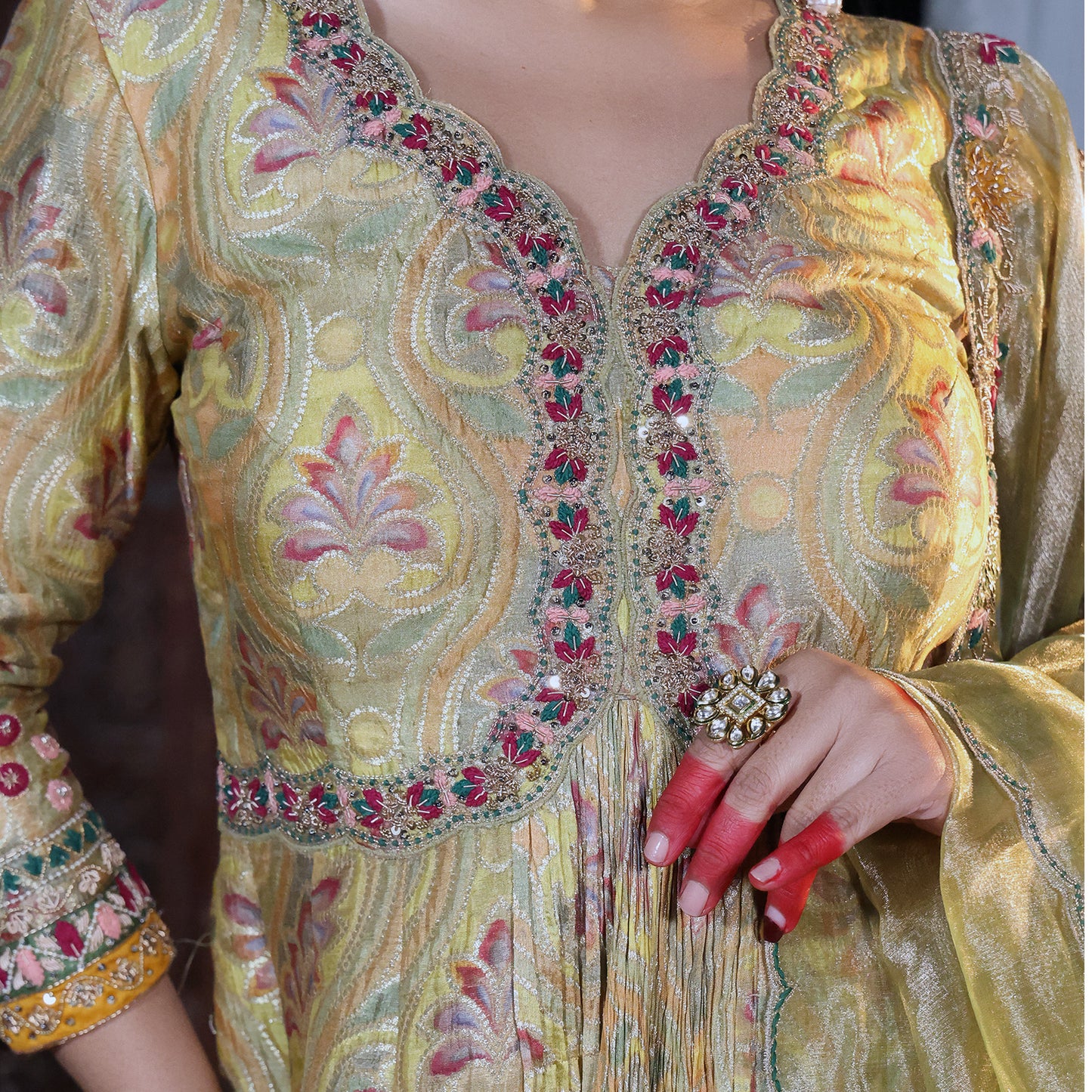 Green Banarasi Short Anarkali