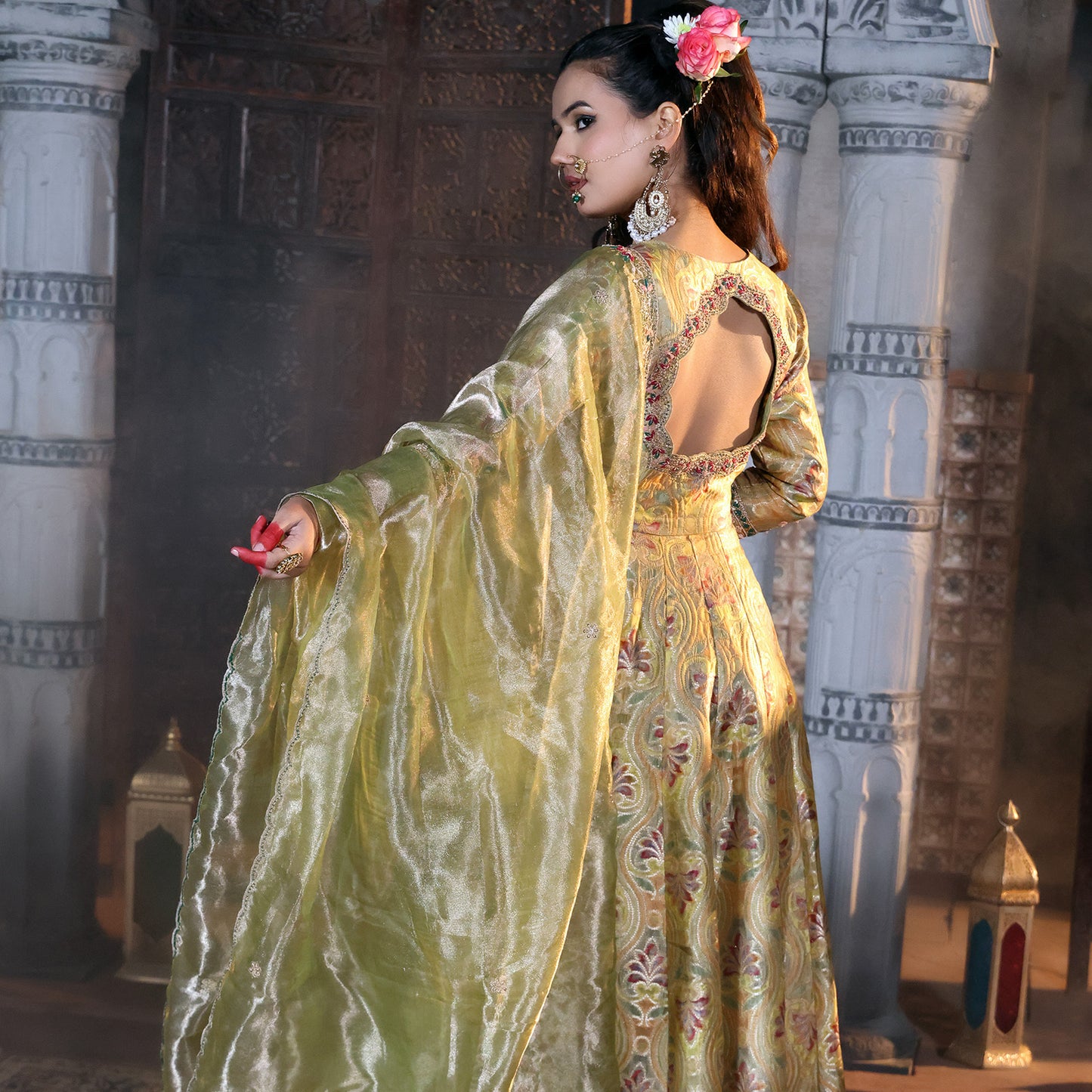 Green Banarasi Short Anarkali