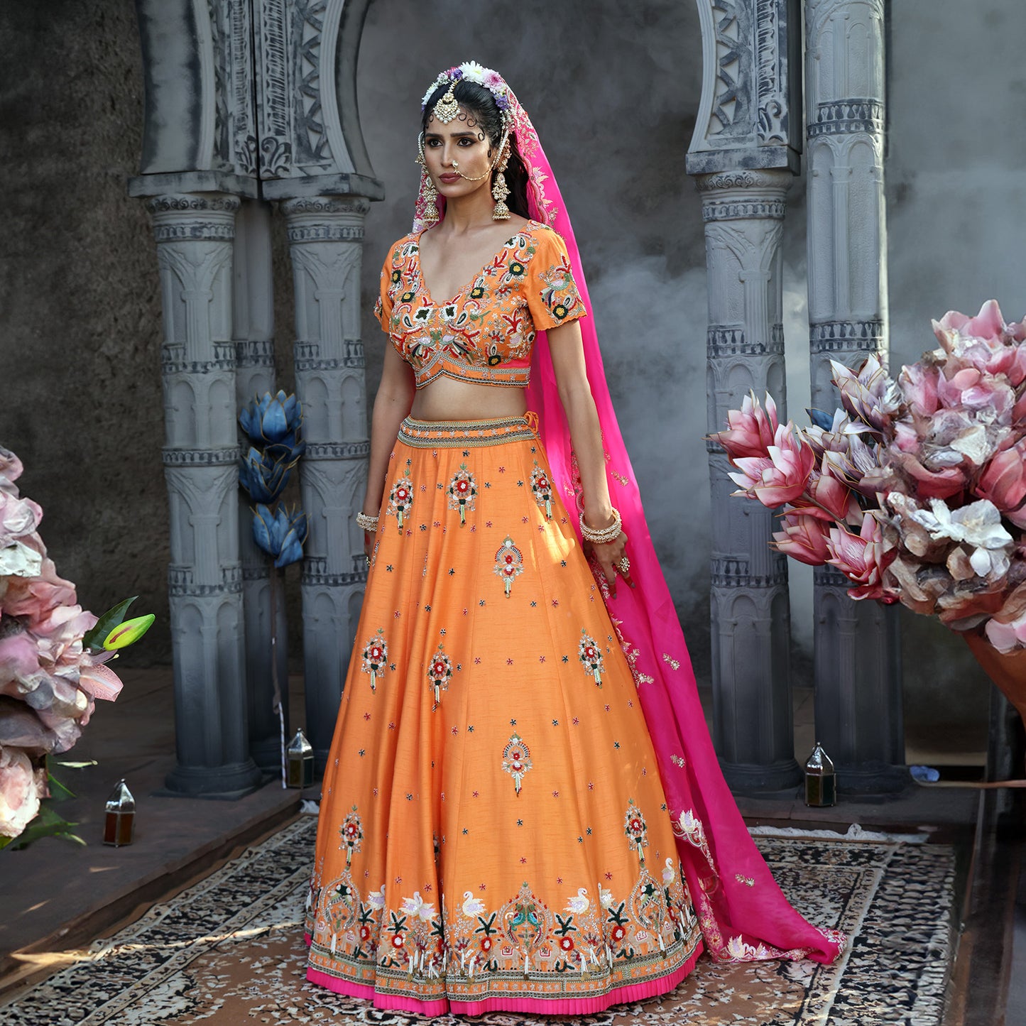 Orange Multi-Coloured Swan Theme Lehenga Set