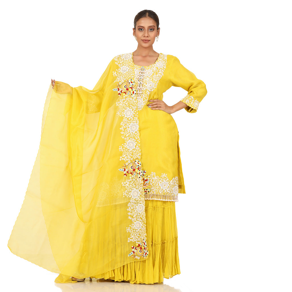 A woman standing and wearing Yellow Pearl Sharara Set.