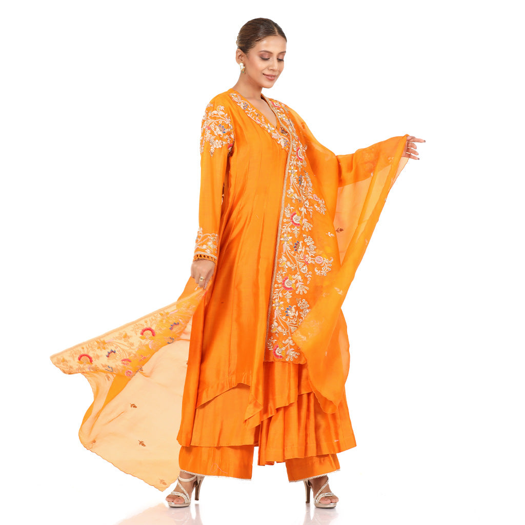 A woman wearing Designer Orange Dori Angrakha Dress.