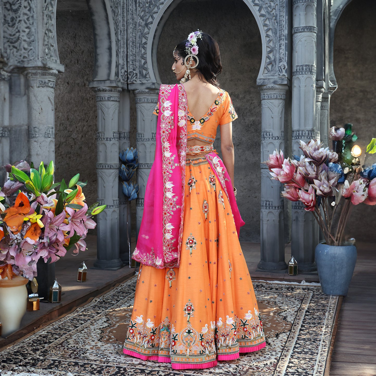 Orange Multi-Coloured Swan Theme Lehenga Set