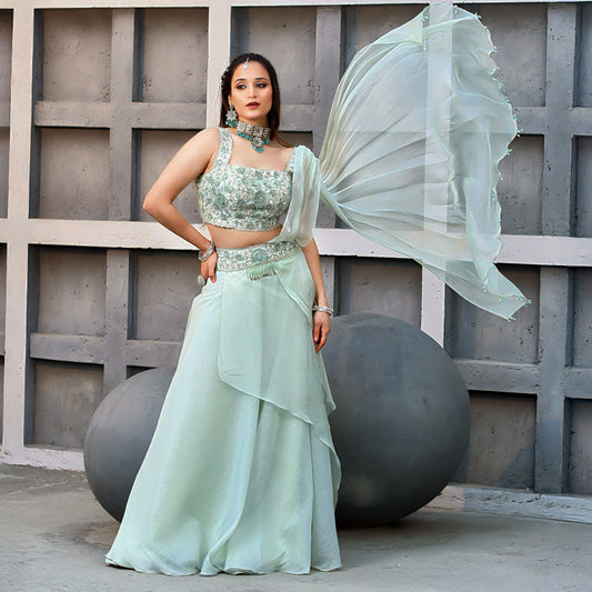 Mint Green 3D Palazzo Saree