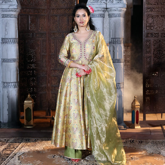 Green Banarasi Short Anarkali