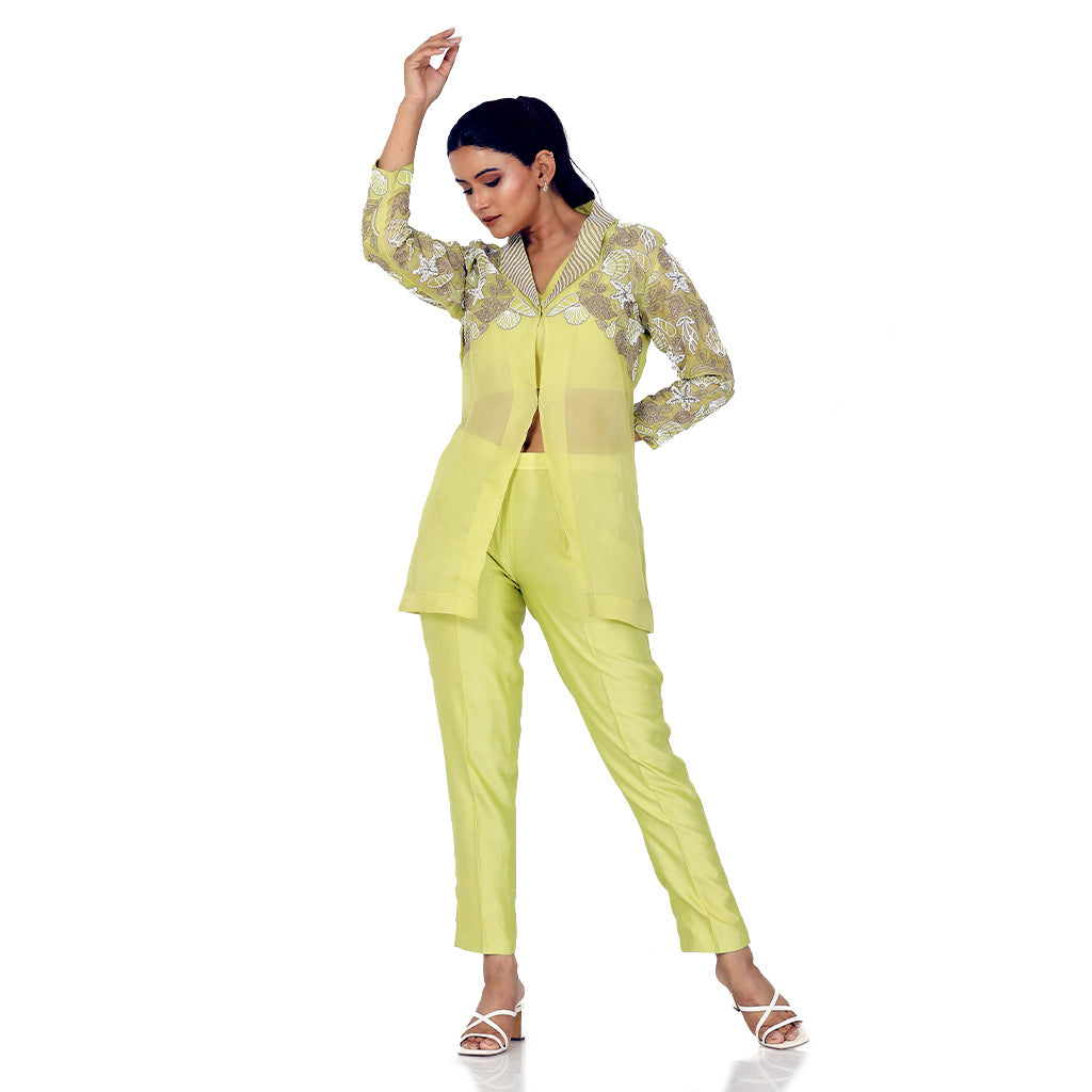 A woman standing and wearing lemon colored Starfish Co-Ord Set.