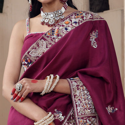 Wine Dupion Silk Saree