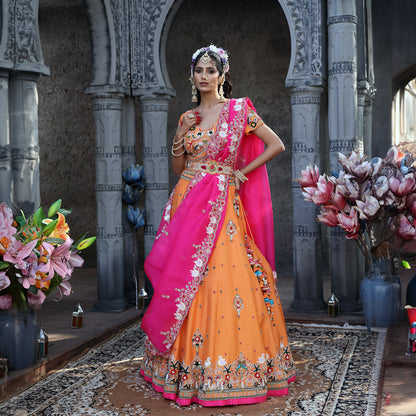 Orange Multi-Coloured Swan Theme Lehenga Set