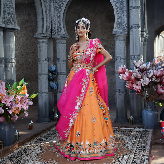 Orange Multi-Coloured Swan Theme Lehenga Set