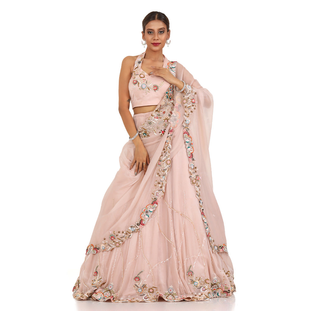 A woman wearing Blush Pink Colored Draped Saree.