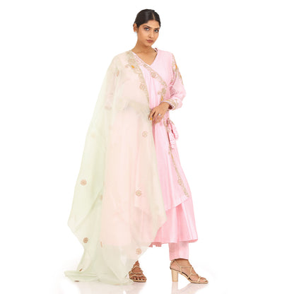 A woman wearing Designer Pink Dori Angrakha Dress.