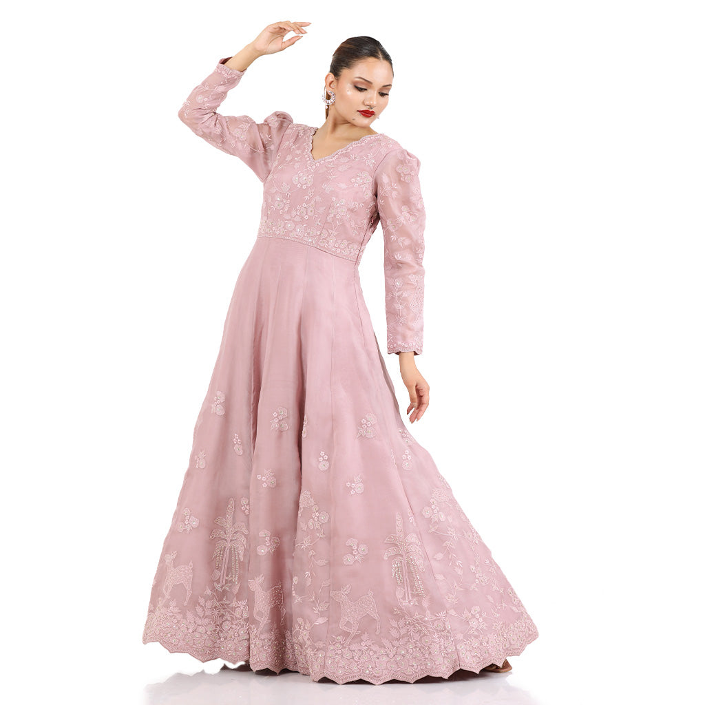 A woman wearing Lilac Patching Anarkali Suit.