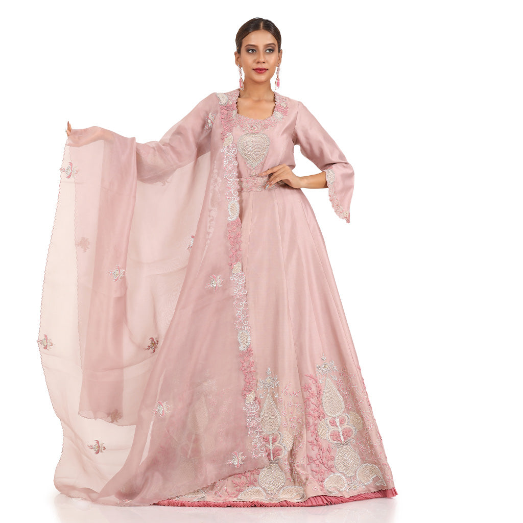 A woman wearing Lilac Floral Anarkali Dress with Dupatta.