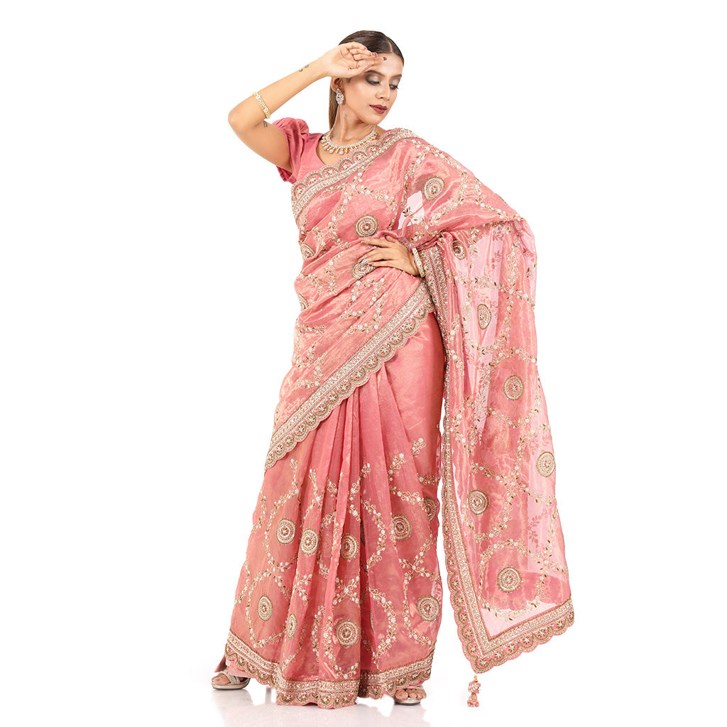 A woman standing and wearing Pink Colored Tissue Jaal Saree.