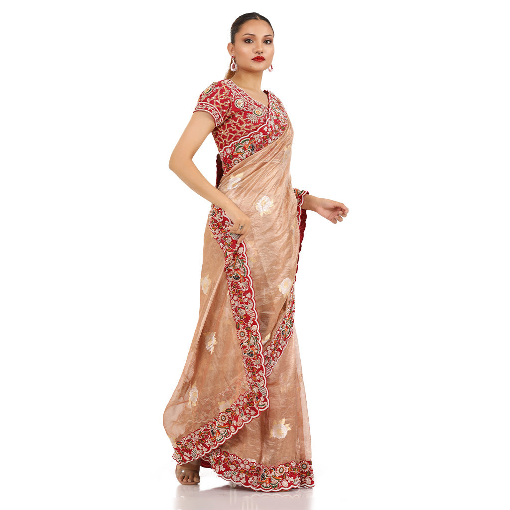 A woman wearing Pink Colored Self Gold Tissue Saree.