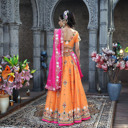 Orange Multi-Coloured Swan Theme Lehenga Set