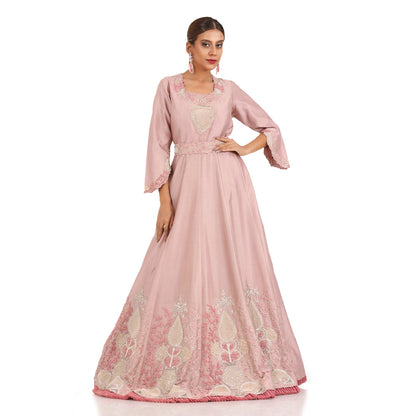 A woman wearing Lilac Floral Anarkali Dress with Dupatta.