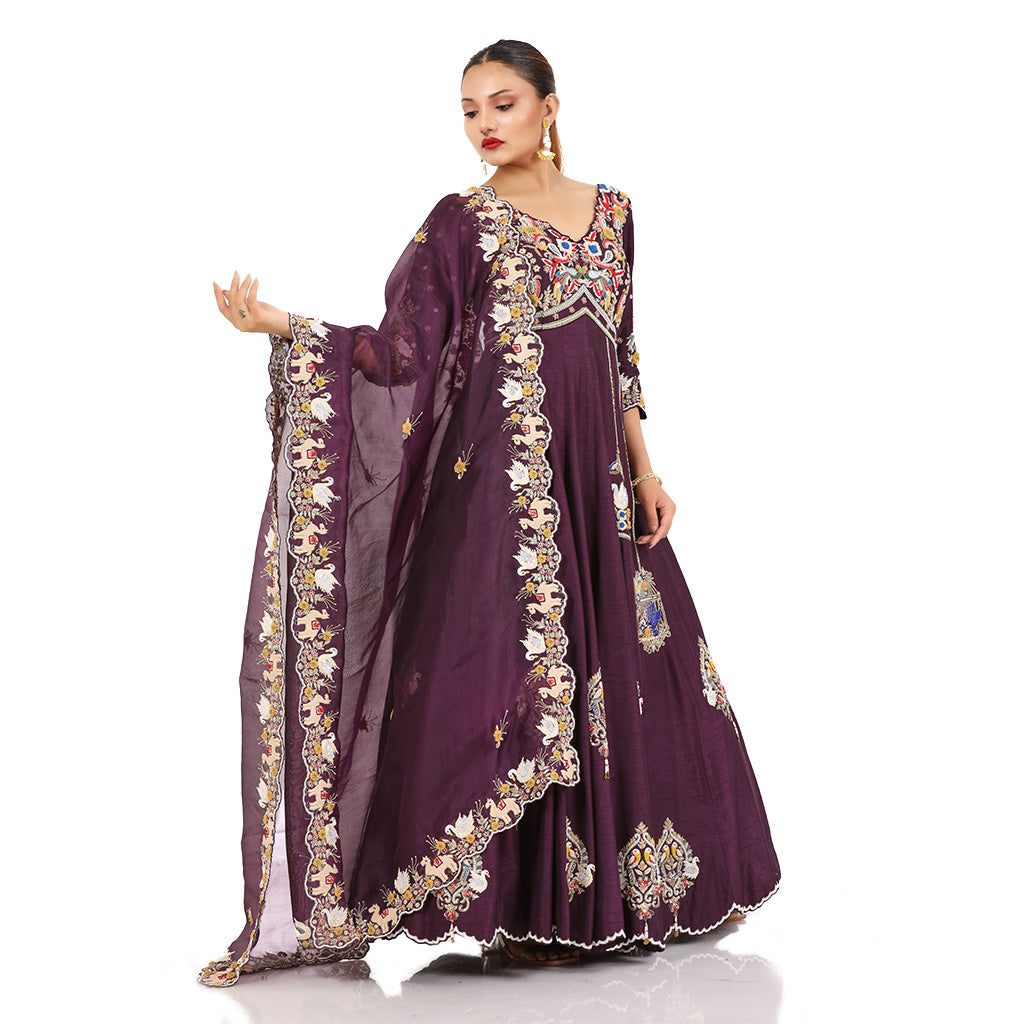 A woman wearing Wine Colored Pinjra Anarkali Dress with Dupatta.