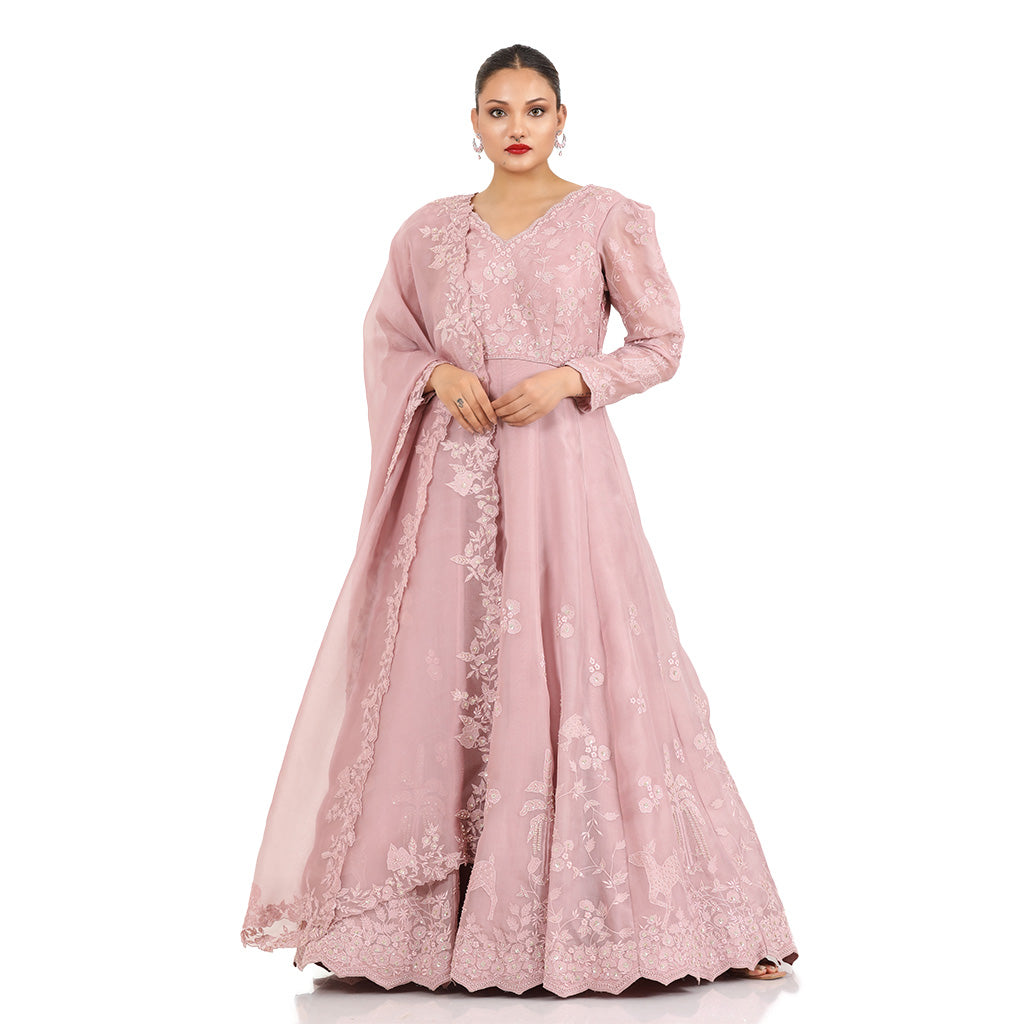 A woman wearing Lilac Patching Anarkali Suit.