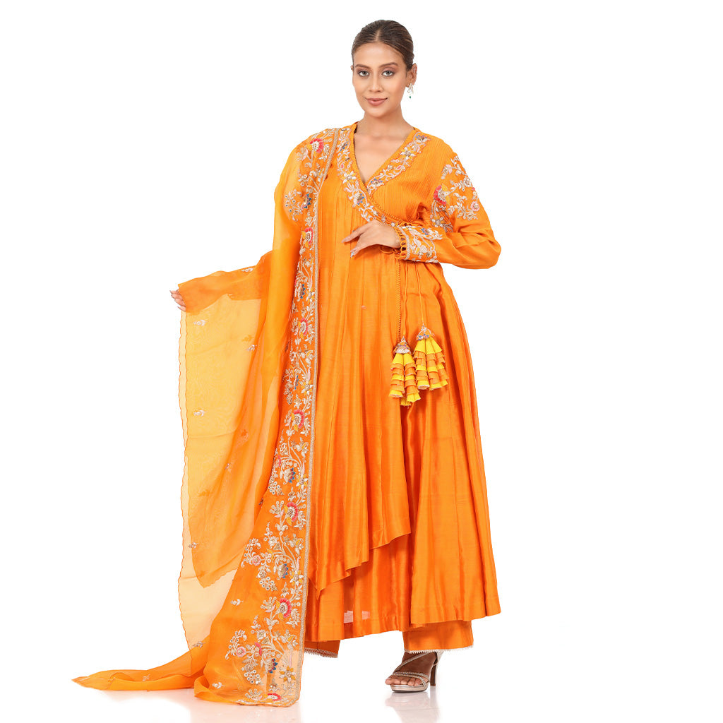 A woman wearing Designer Orange Dori Angrakha Dress.