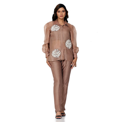 A woman standing and wearing brown colored Mocha Circle Co-Ord Set.