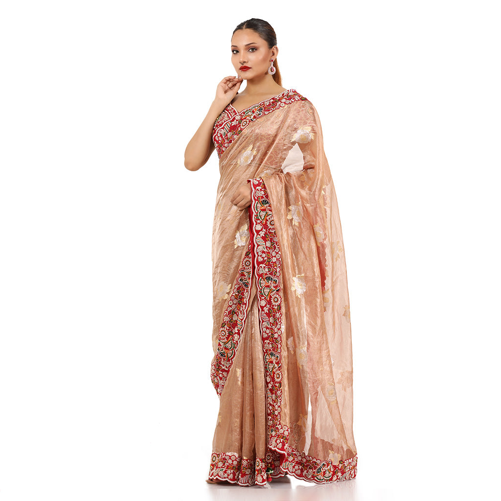 A woman wearing Pink Colored Self Gold Tissue Saree.