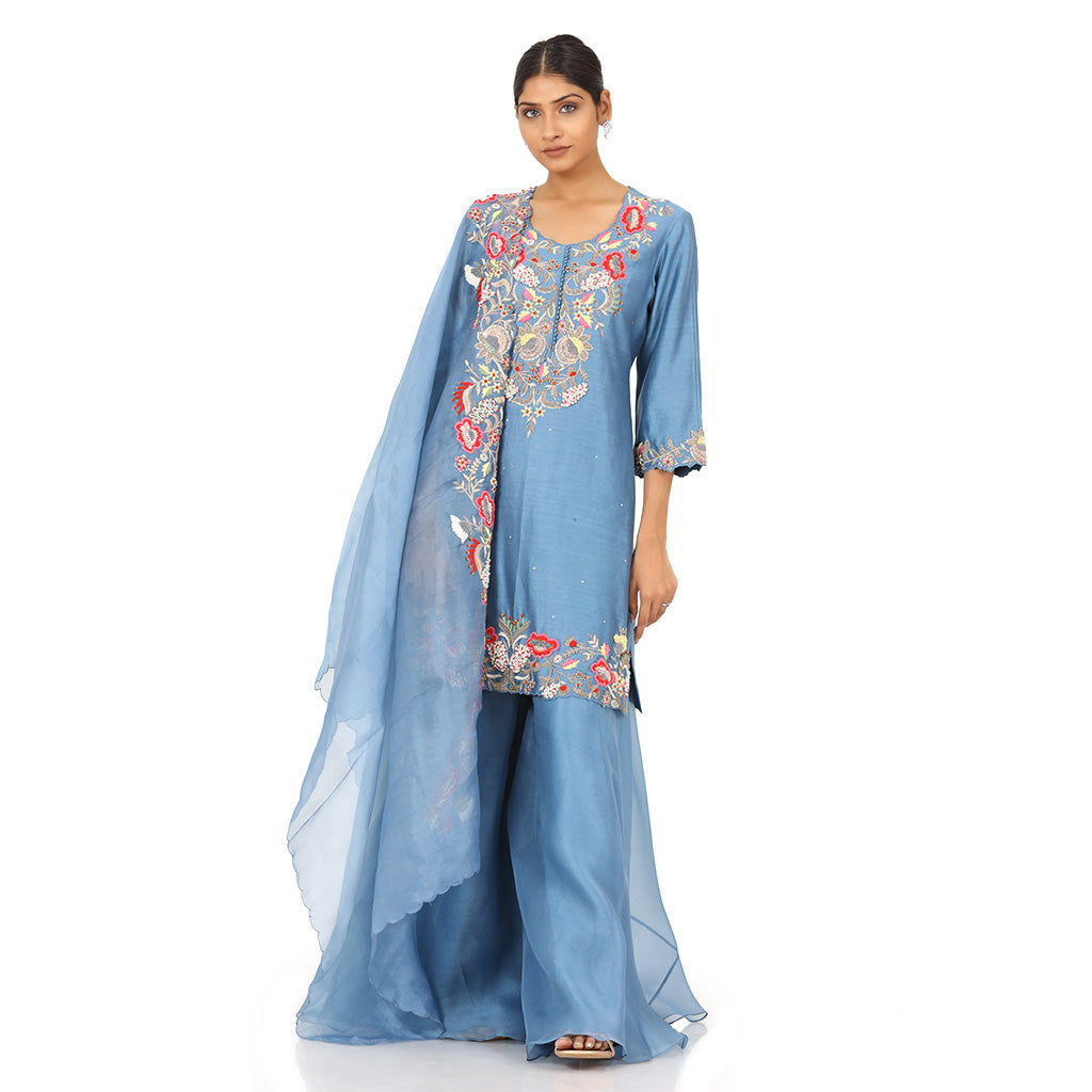 A woman standing and wearing Indigo Blue Pearl Work Kurta Sharara Set.