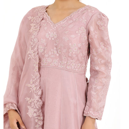 A woman wearing Lilac Patching Anarkali Suit.