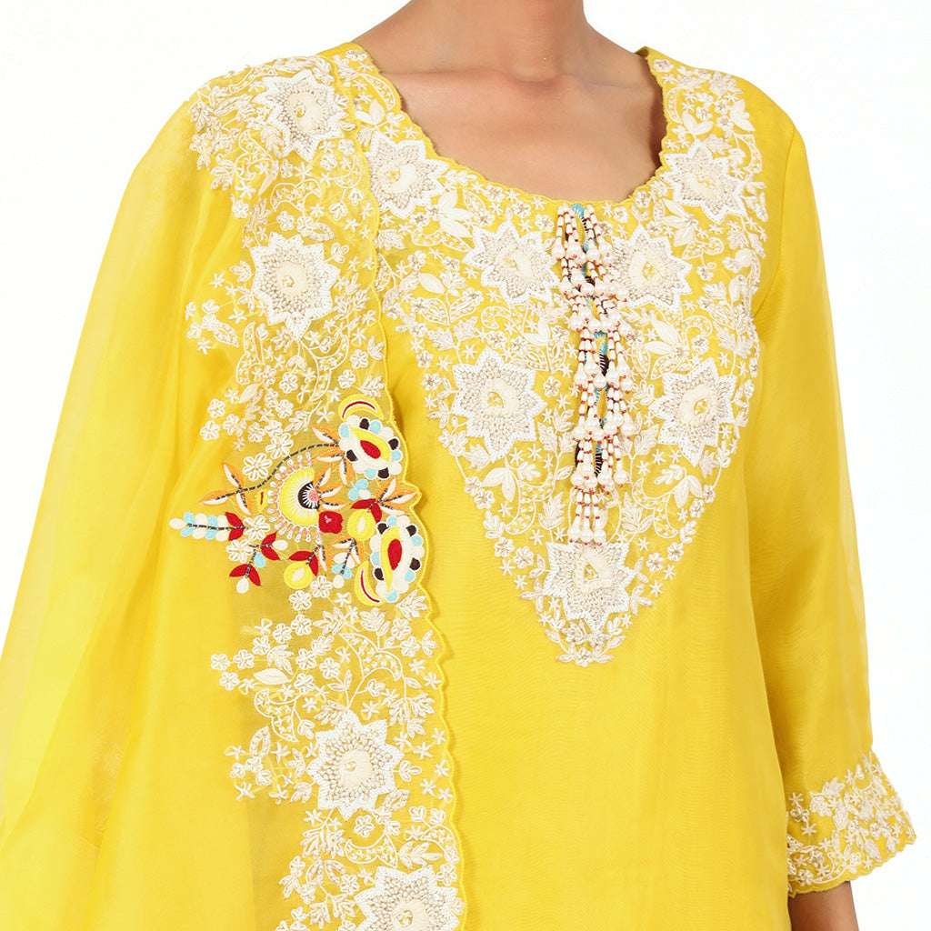  A woman standing and wearing Yellow Pearl Sharara Set.