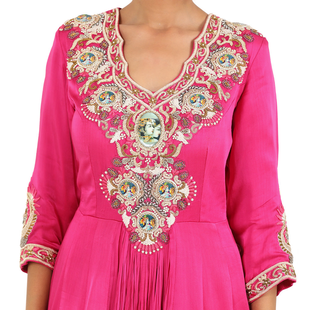 A woman wearing Fuchsia Gathered Anarkali Suit with Dupatta.