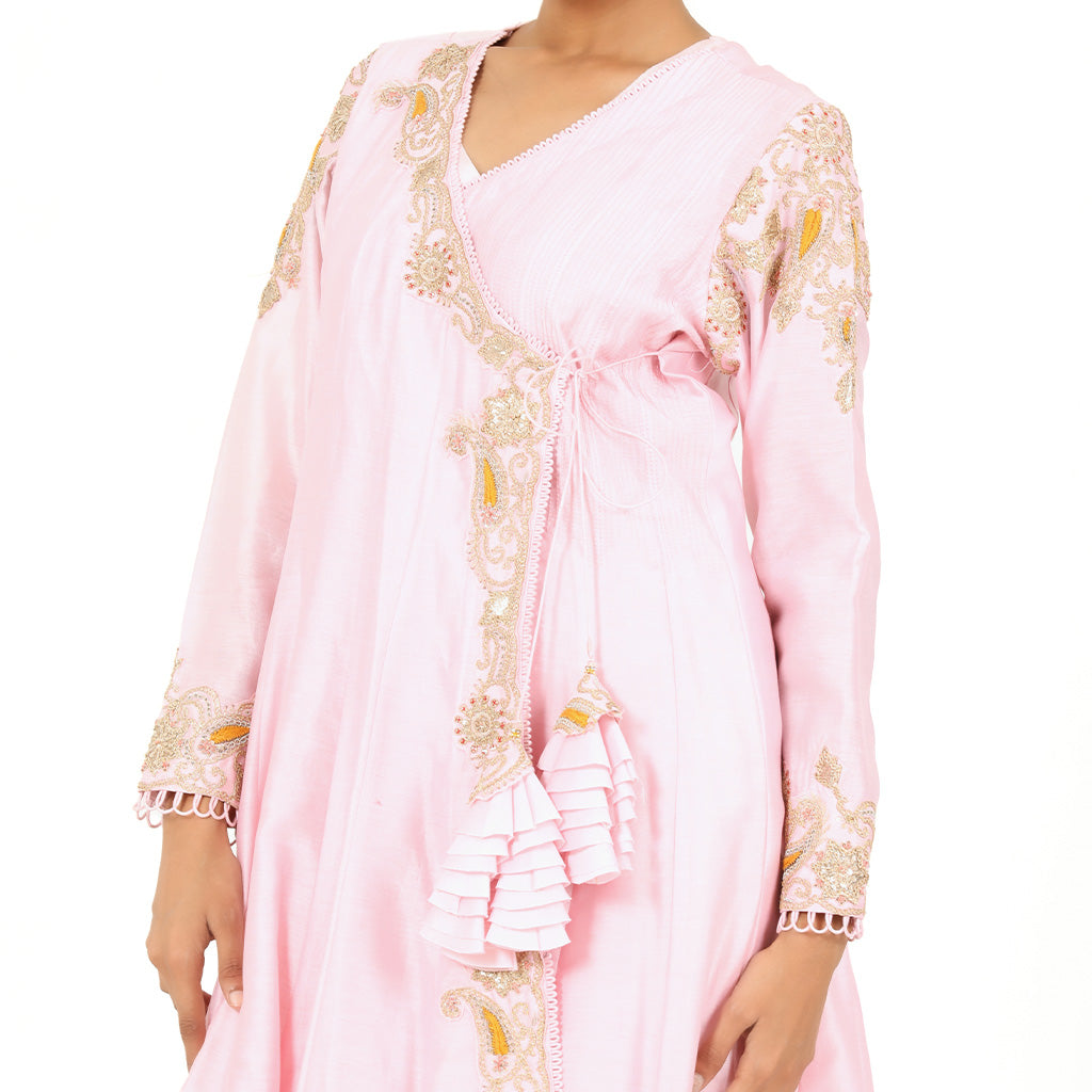 A woman wearing Designer Pink Dori Angrakha Dress.