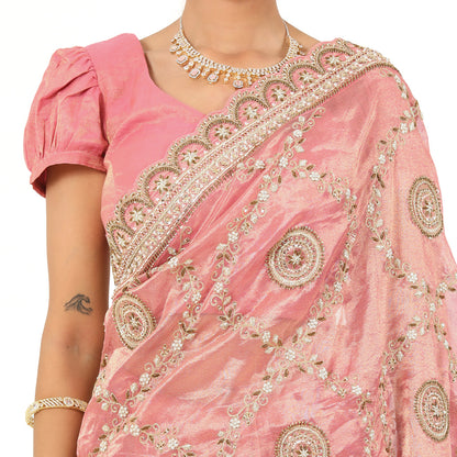 A woman standing and wearing Pink Colored Tissue Jaal Saree.