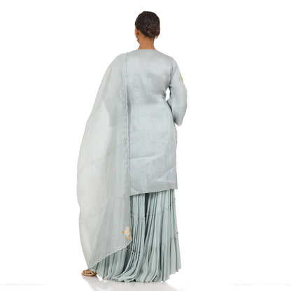 A woman standing and wearing Grey Sharara Set.