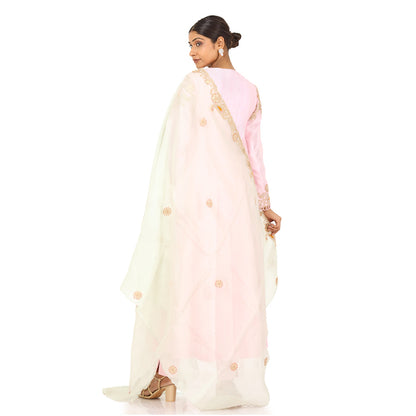 A woman wearing Designer Pink Dori Angrakha Dress.