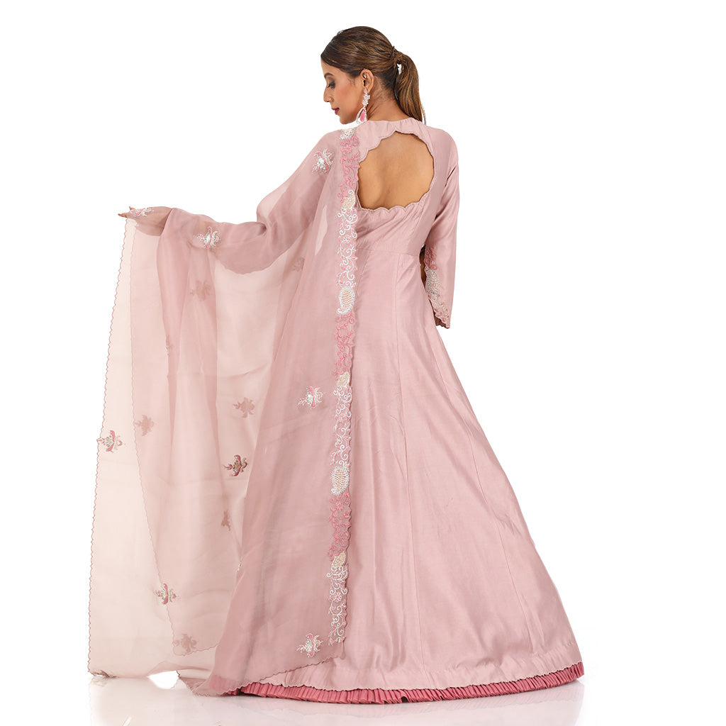 A woman wearing Lilac Floral Anarkali Dress with Dupatta.