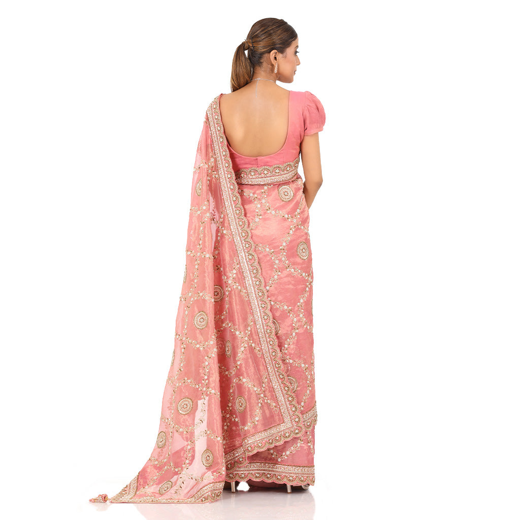 A woman standing and wearing Pink Colored Tissue Jaal Saree.