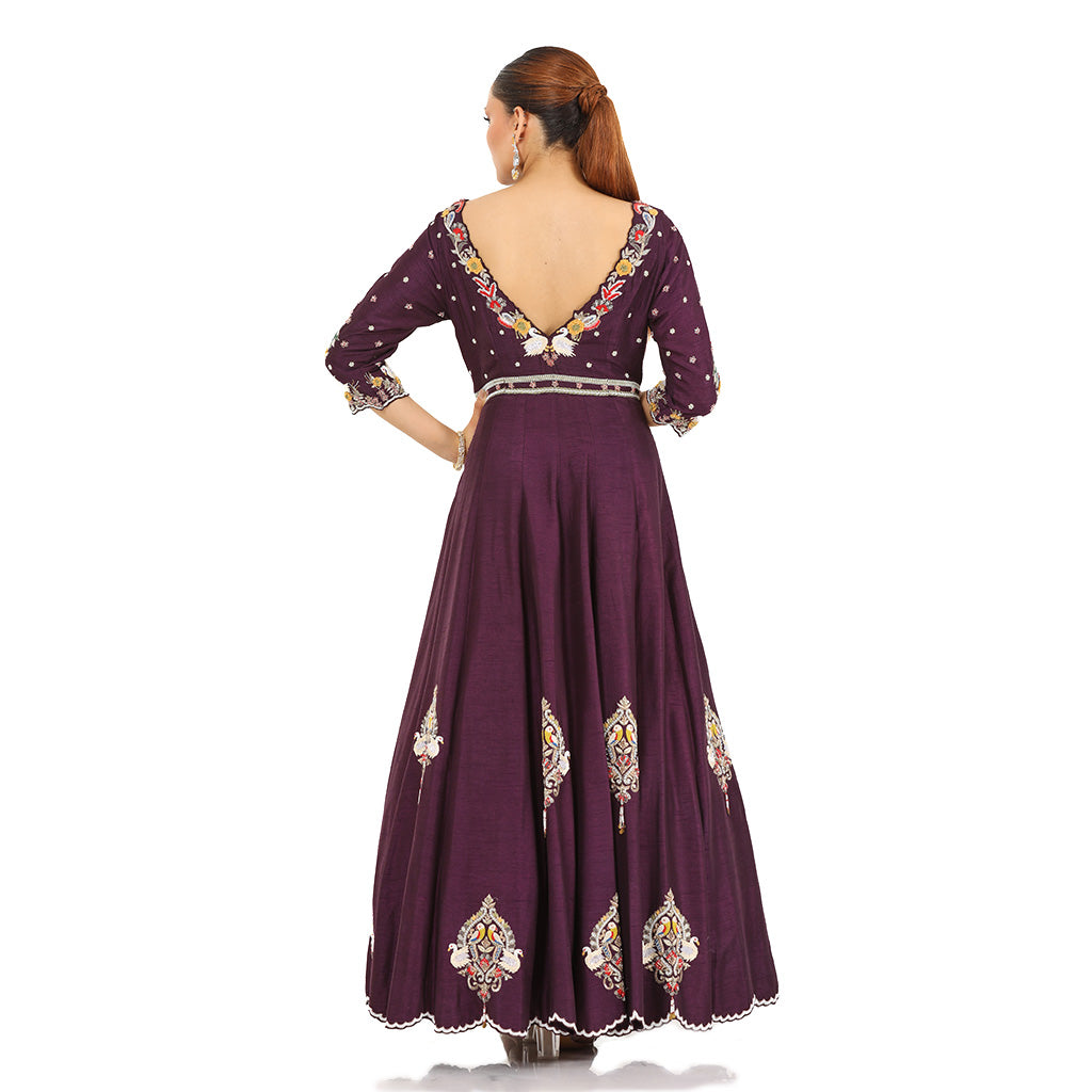 A woman wearing Wine Colored Pinjra Anarkali Dress with Dupatta.