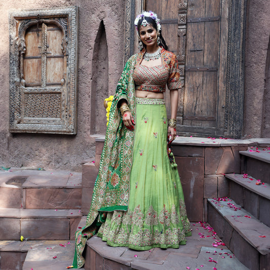 Green Tissue Lehenga Set with Bandhani Dupatta
