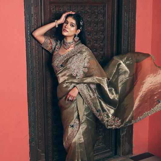 Green Tissue Peacock Saree