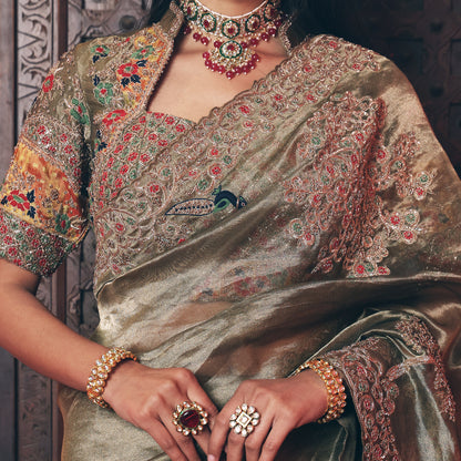 Green Tissue Peacock Saree