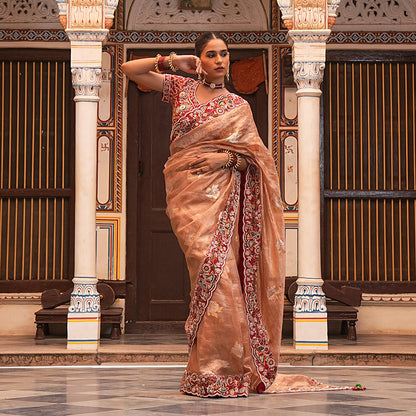 A woman wearing Pink Colored Self Gold Tissue Saree.