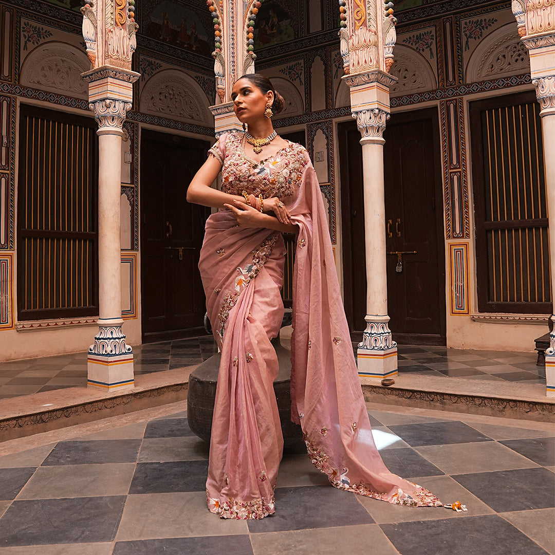 A woman wearing Pink Swan Saree.