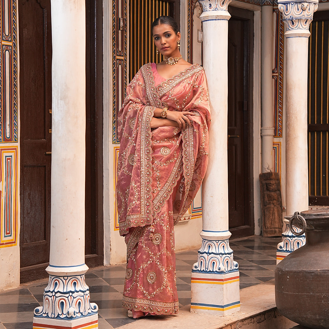 A woman standing and wearing Pink Colored Tissue Jaal Saree.