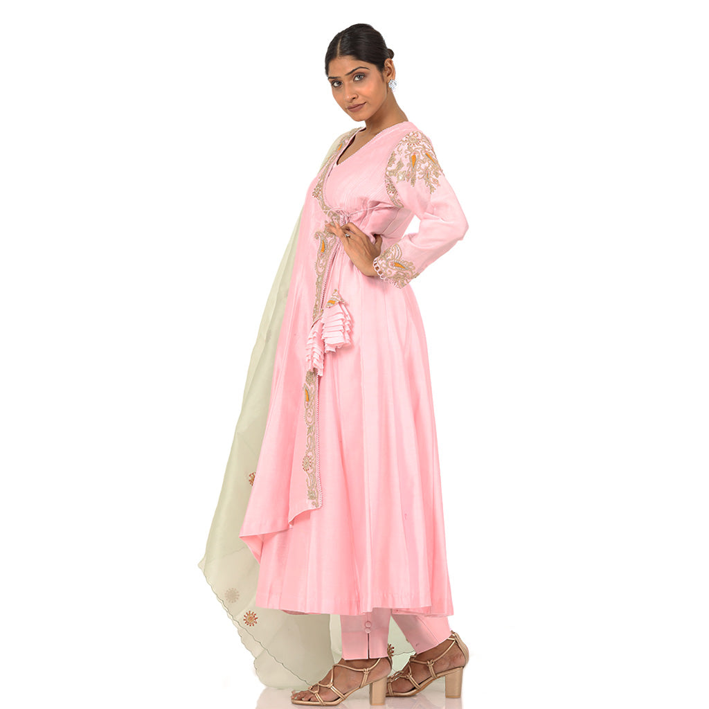 A woman wearing Designer Pink Dori Angrakha Dress.