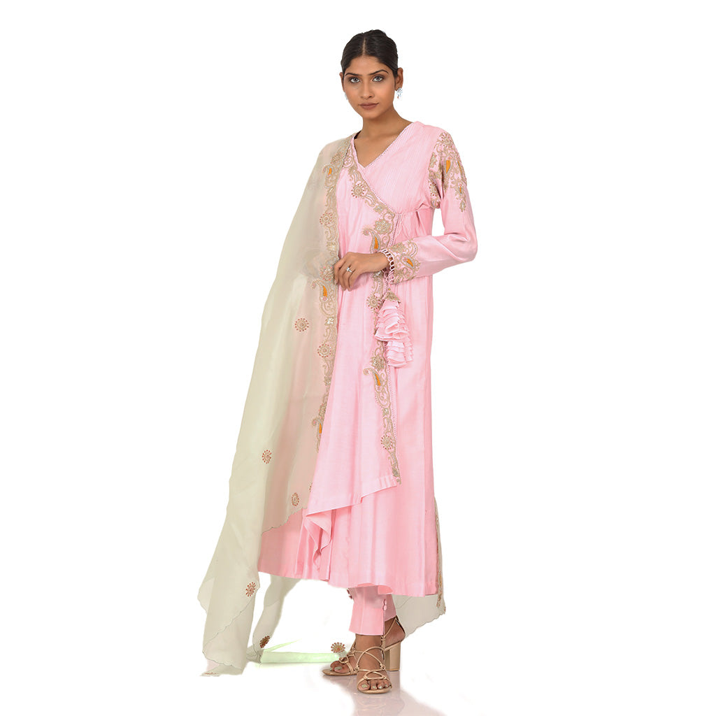 A woman wearing Designer Pink Dori Angrakha Dress.