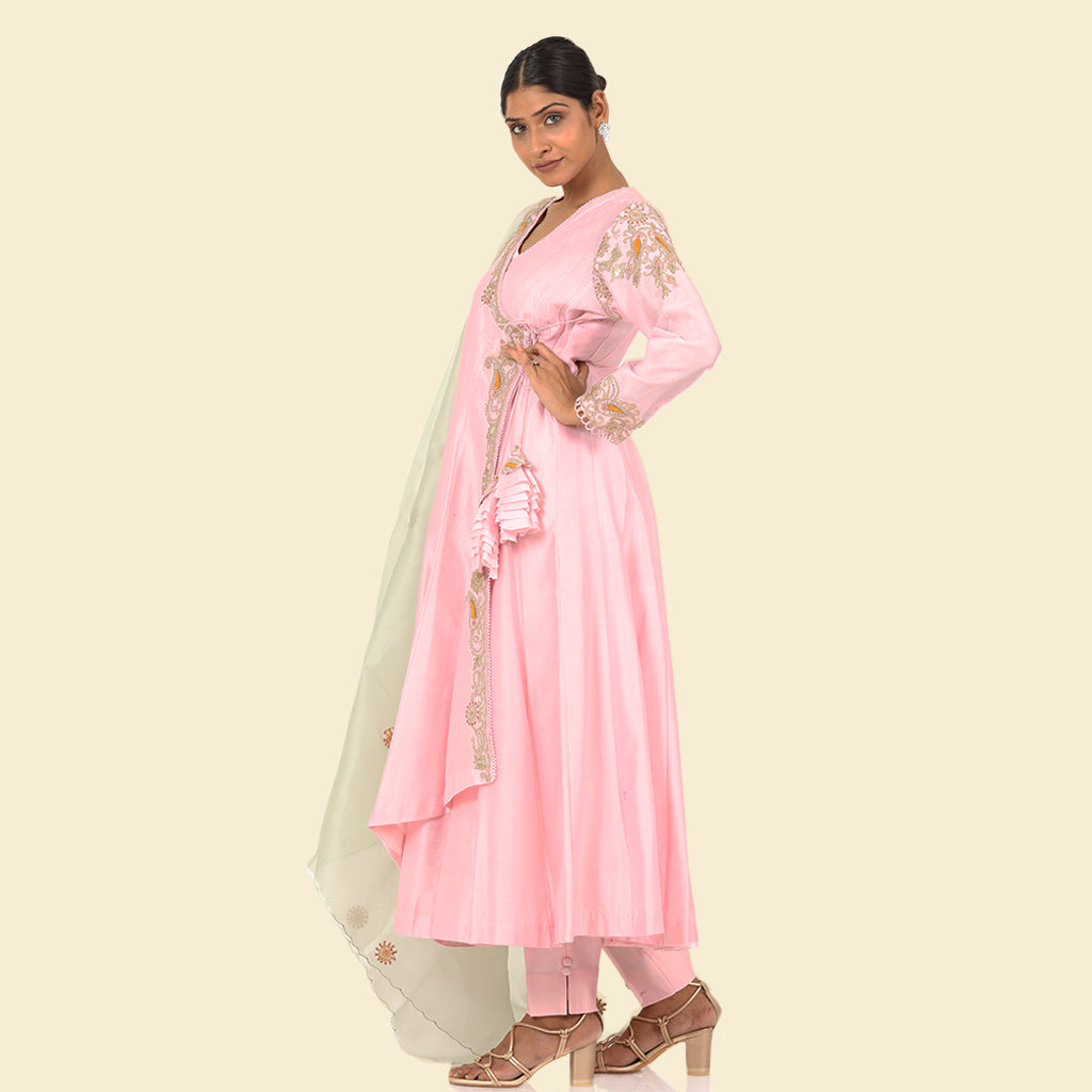 A woman wearing Designer Pink Dori Angrakha Dress.