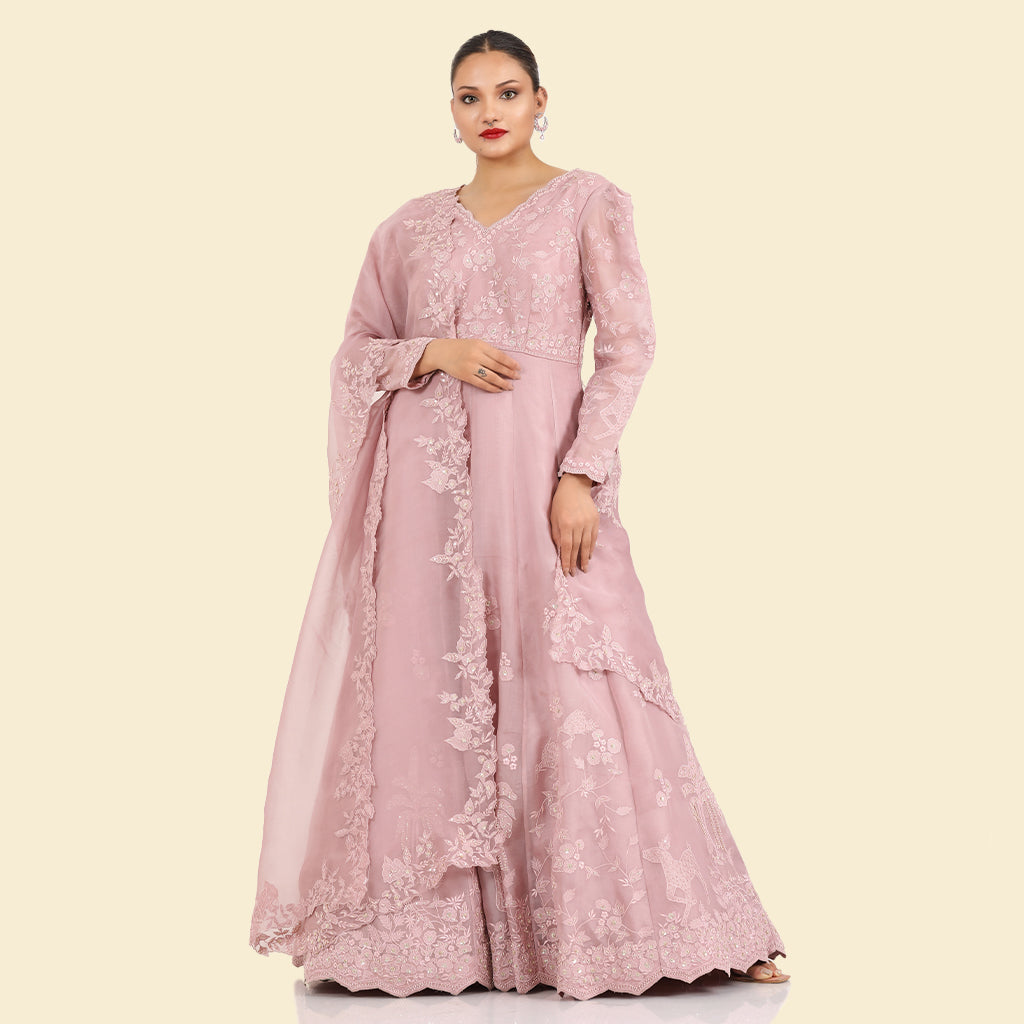 A woman wearing Lilac Patching Anarkali Suit.